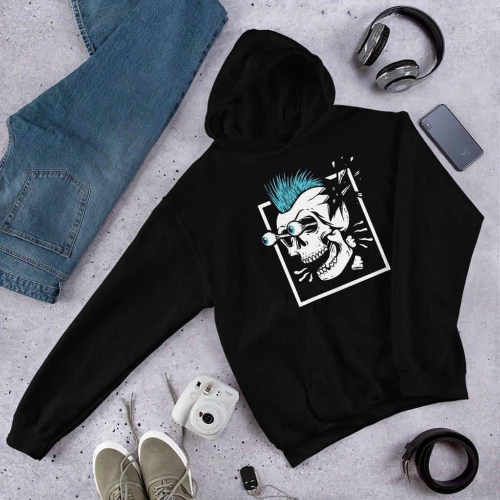 Punk Rock Skull Hoodie With Electric Blue Mohawk - Cozy Unisex Statement Hooded